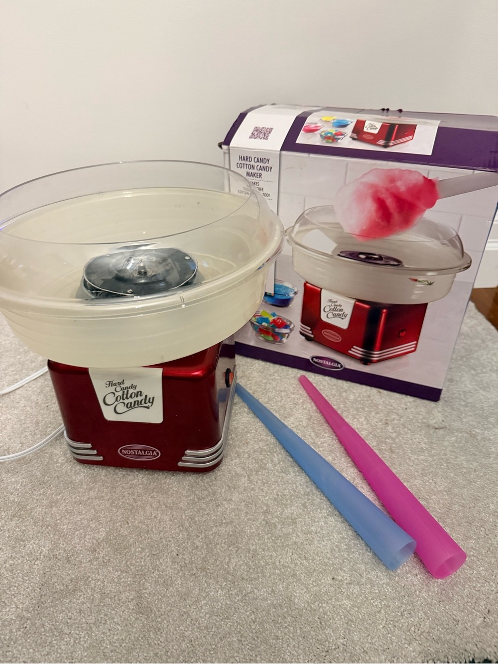 Hard Candy Retro Red Cotton Candy Maker with Pink & Blue Cones